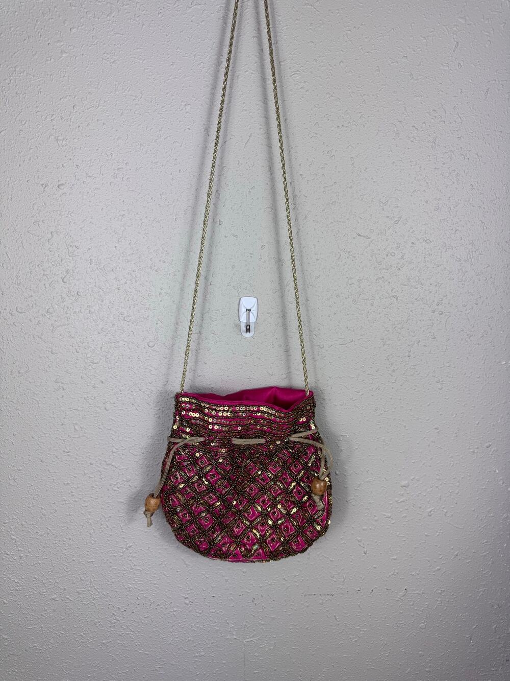 Pink Potli Drawstring Beaded Bag